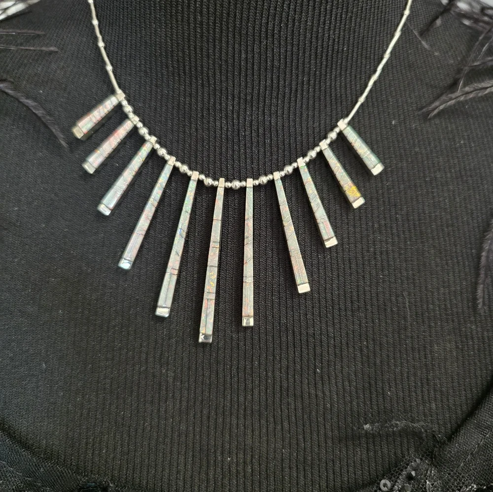 🆕️Chic STERLING Silver BAR Necklace with OPAL Inlay Details - Picture 6 of 14